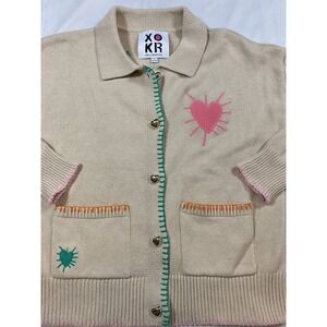 Kerri Rosenthal XOKR Heart Button Embroidered Cardigan Beige Small